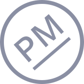 PM wordmark in circle rotated at an angle